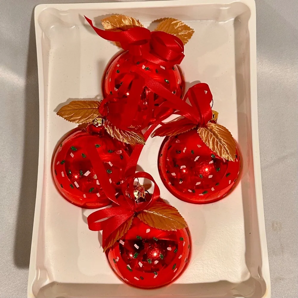 Vintage Red Glitter Hand Decorated Holiday Ornaments-S/4 Made in USA